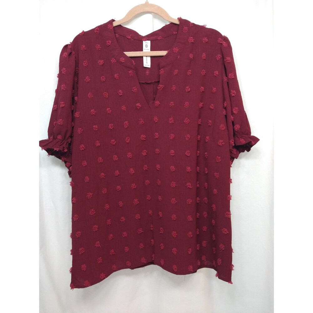 Women’s Blouse Size XXL Red Burgundy Pom Pom Style Back Pleat Ruffle Sleeve